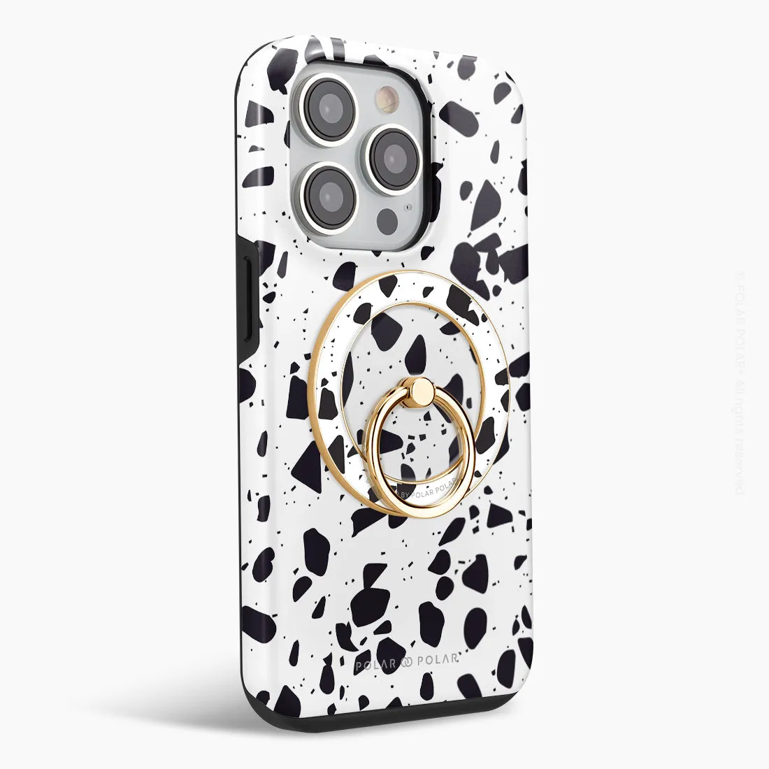 White Rocky Road Terrazzo - Golden MagSafe Phone Grip and Ring Holder Stand