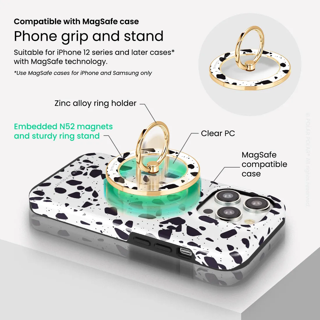 White Rocky Road Terrazzo - Golden MagSafe Phone Grip and Ring Holder Stand