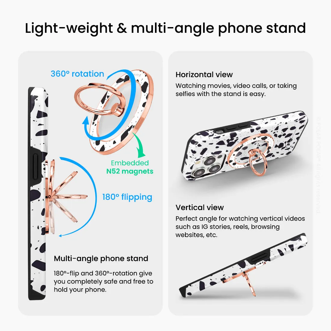 White Rocky Road Terrazzo - Rose Gold MagSafe Phone Grip and Ring Holder Stand