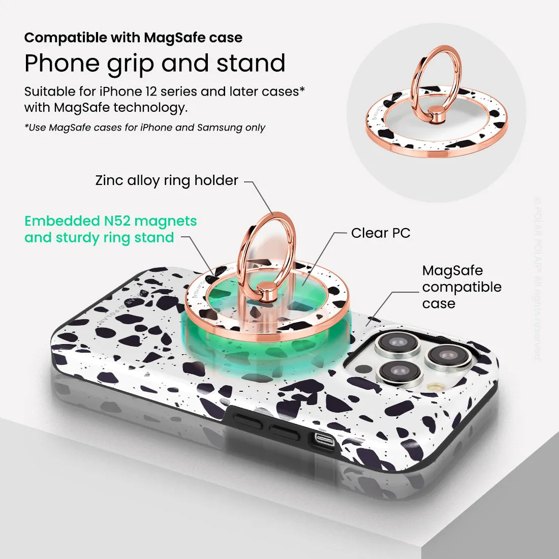 White Rocky Road Terrazzo - Rose Gold MagSafe Phone Grip and Ring Holder Stand