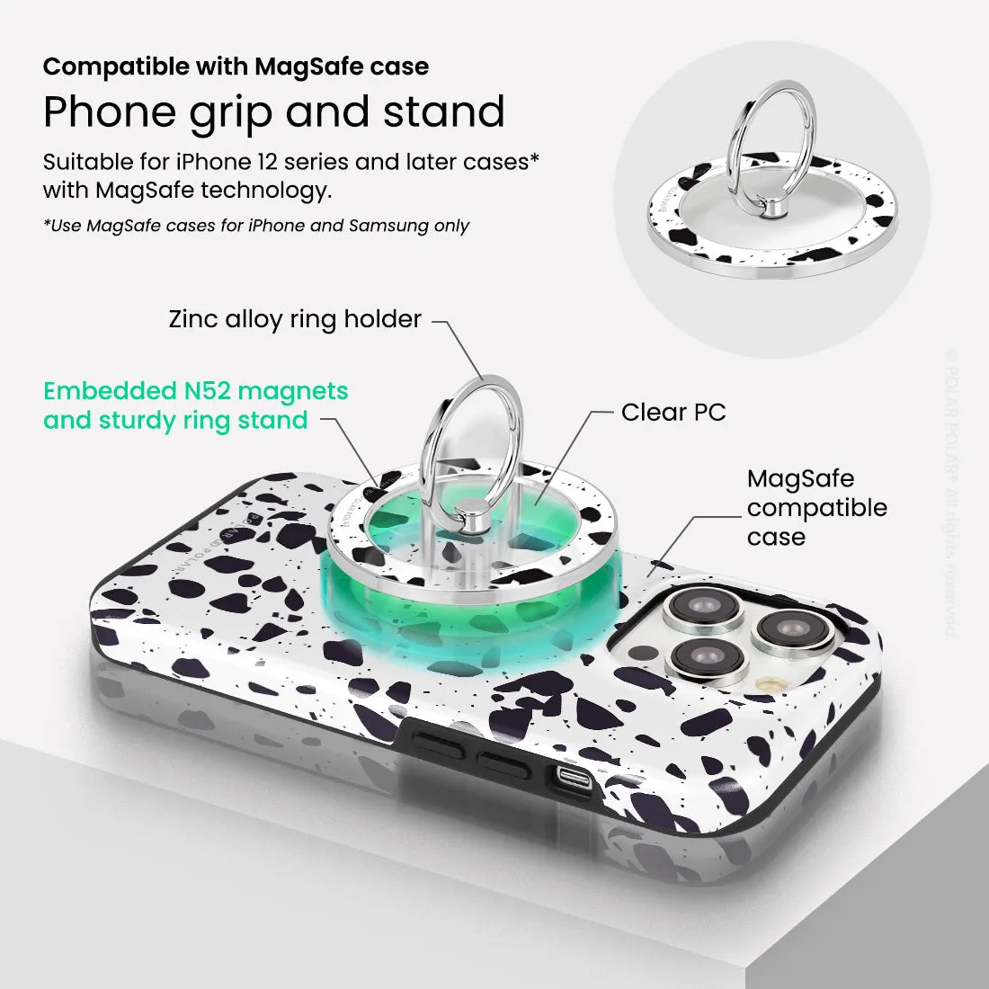 White Rocky Road Terrazzo - Silver MagSafe Phone Grip and Ring Holder Stand